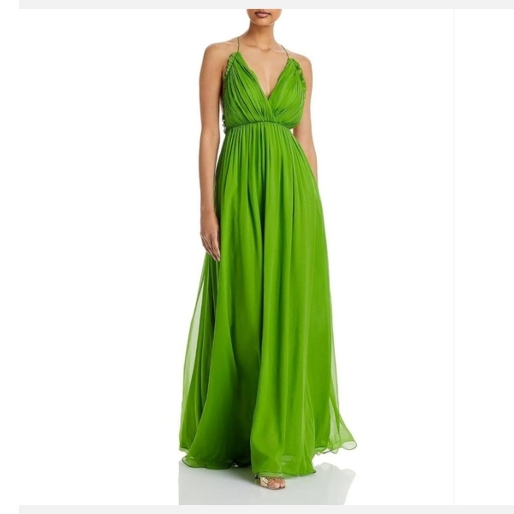 Sau Lee NWT Cameron Silk Chiffon Gown Apple Green Pleated Maxi Dress- Size 4 - Picture 2 of 8